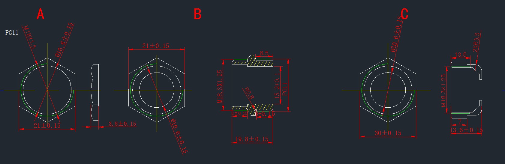 PG11 cable gland cad drawing